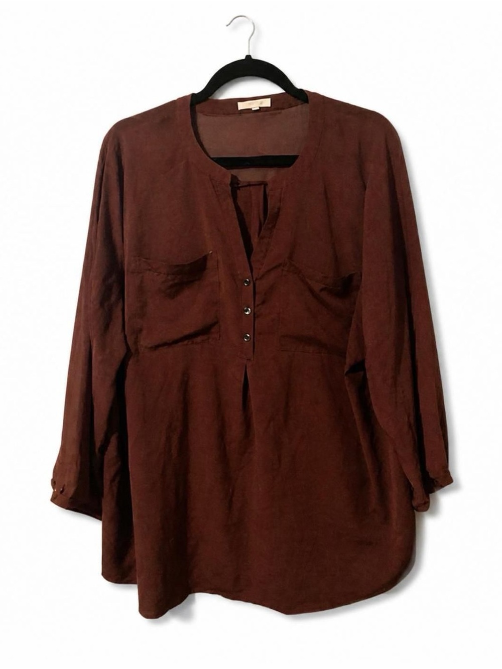 Maurices Long-Sleeve Split-Neck Tunic in Deep Brown